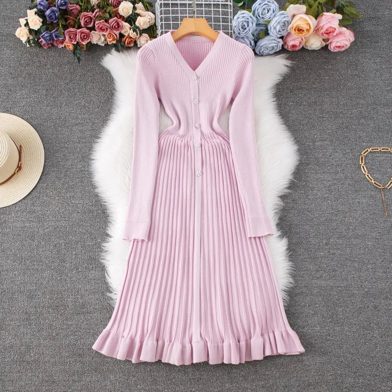 Beige Pleated V-Neck Knit Maxi Sweater Dress