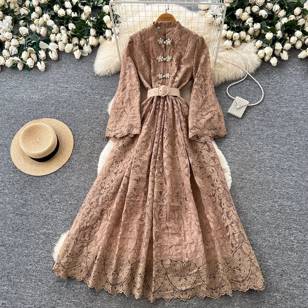 Embroidered Tulle Flare Sleeve Maxi Dress