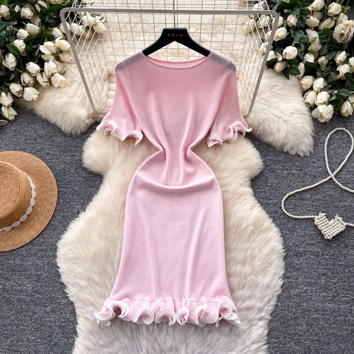 Ruffle Trim Knit Bodycon Pencil Dress