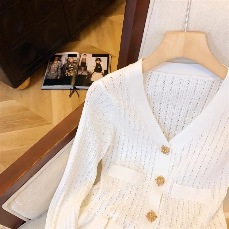 Rhinestone Ruffled V-Neck Knit Cardigan