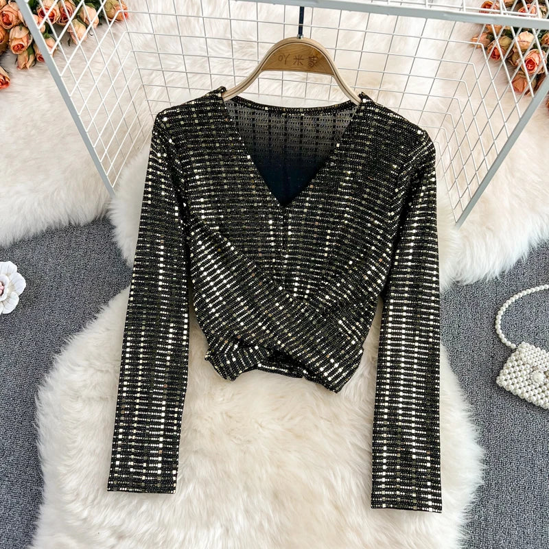 Glitter Sequin Long Sleeve Crop Top