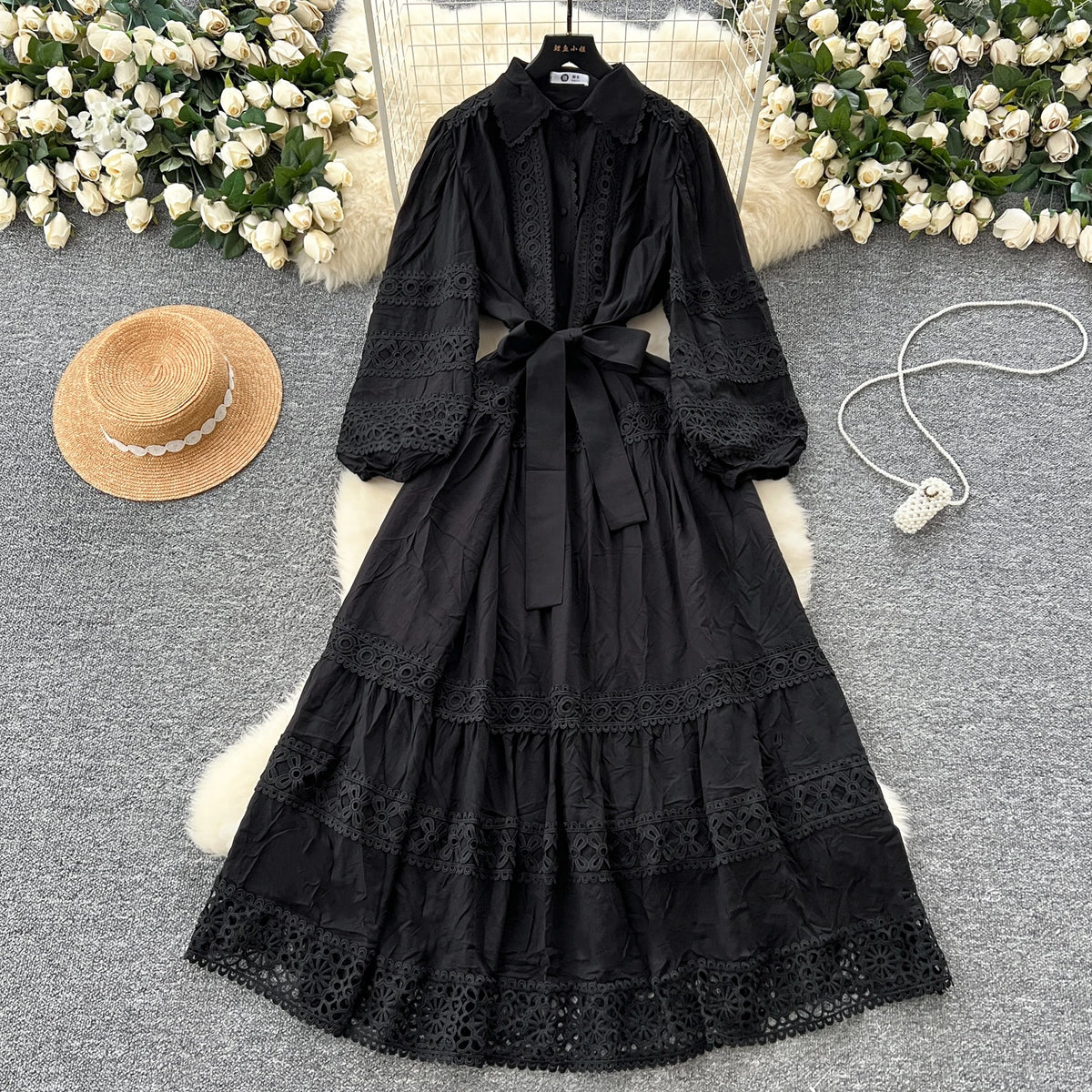 Lace-Up Single Breasted Lace Long Dress