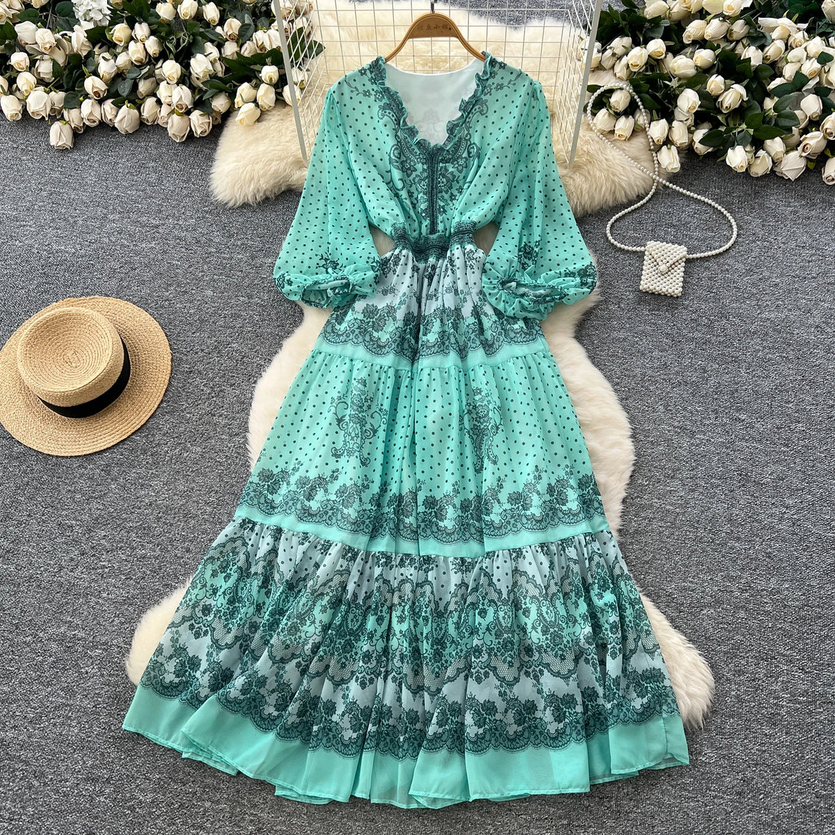 Slim Print V-Neck Long Sleeve Dress