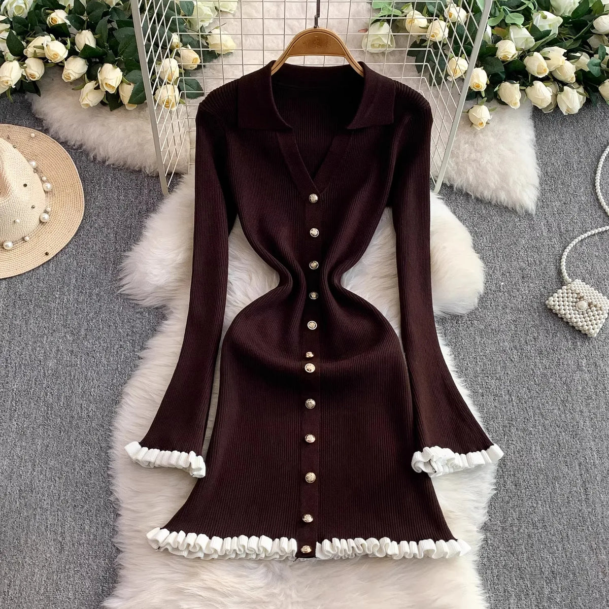 Collared Ruffled Knit Wrap Mini Dress