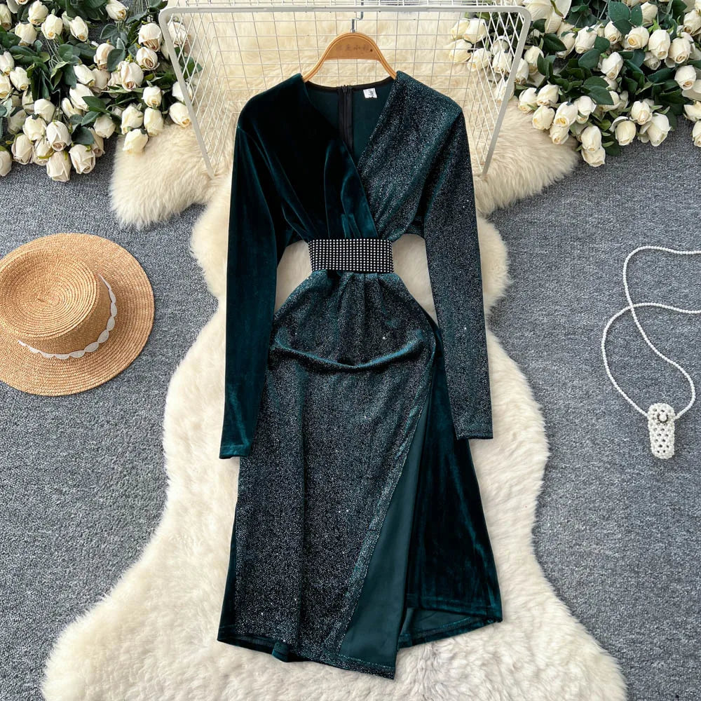 Velvet Paneled Long Sleeve Party Dress