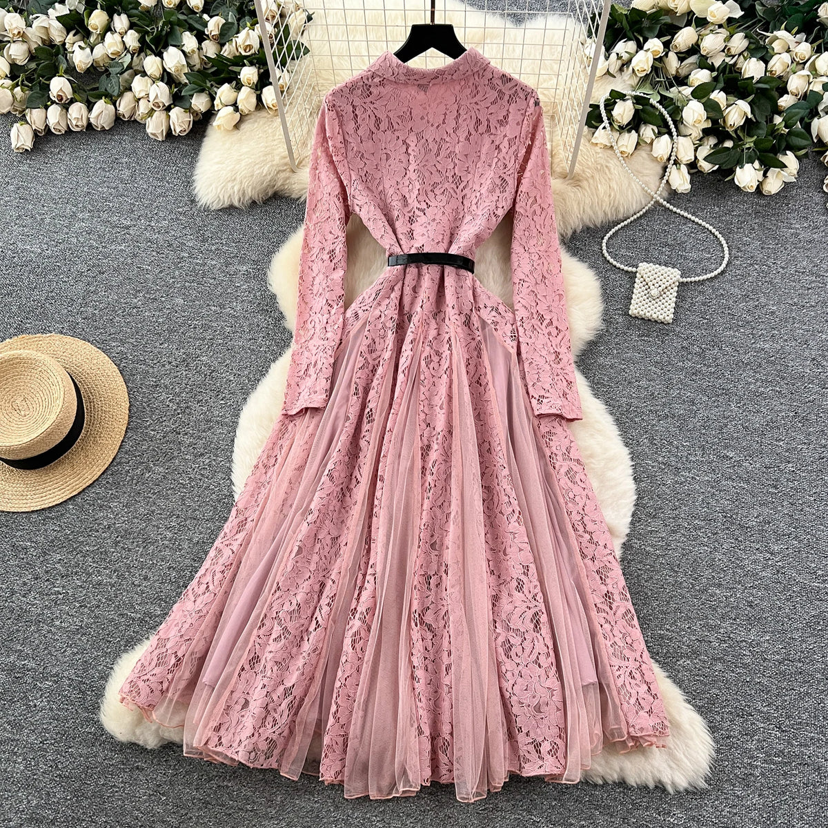 Single Breasted Mesh Boho Long Dress