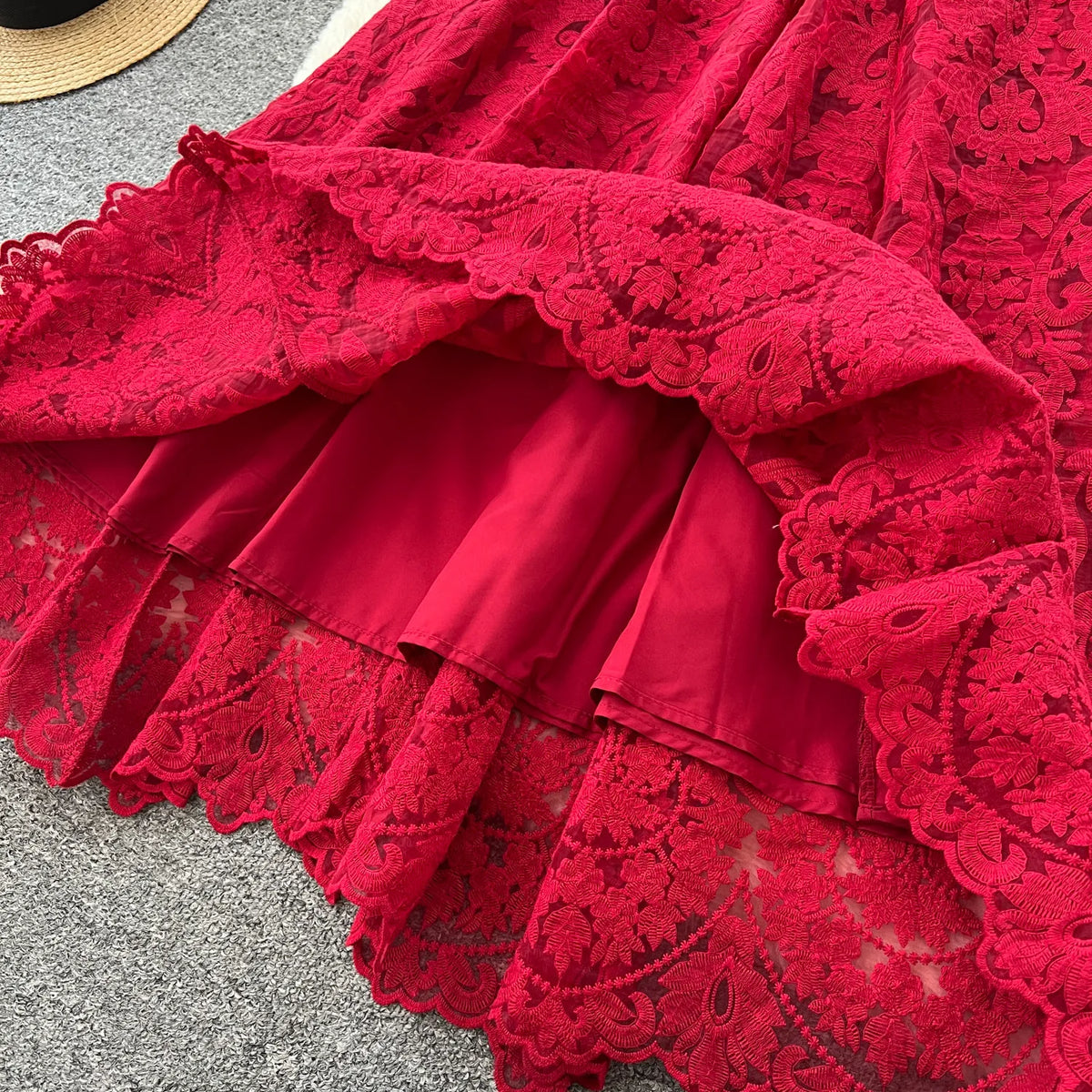 Lace Tie Waist Puff Sleeve Maxi Dress