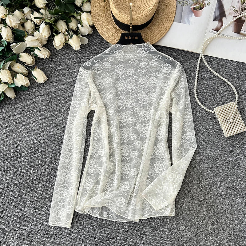 White Lace Bell Sleeve Sheer Blouse