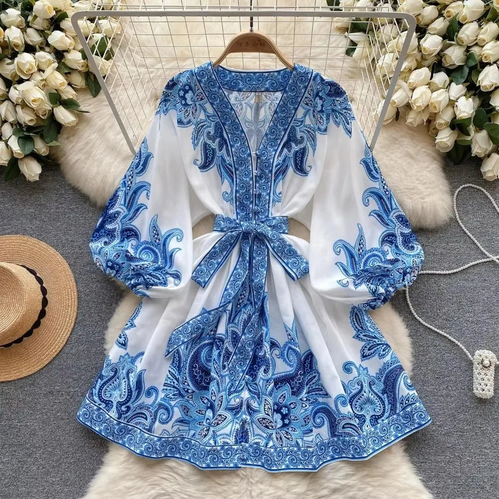 Print Puff Sleeve V-Neck Mini Dress