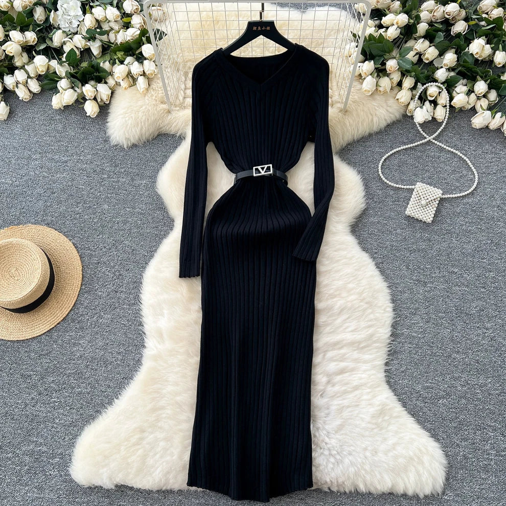 Ribbed Belted Knit Wrap Maxi Dress