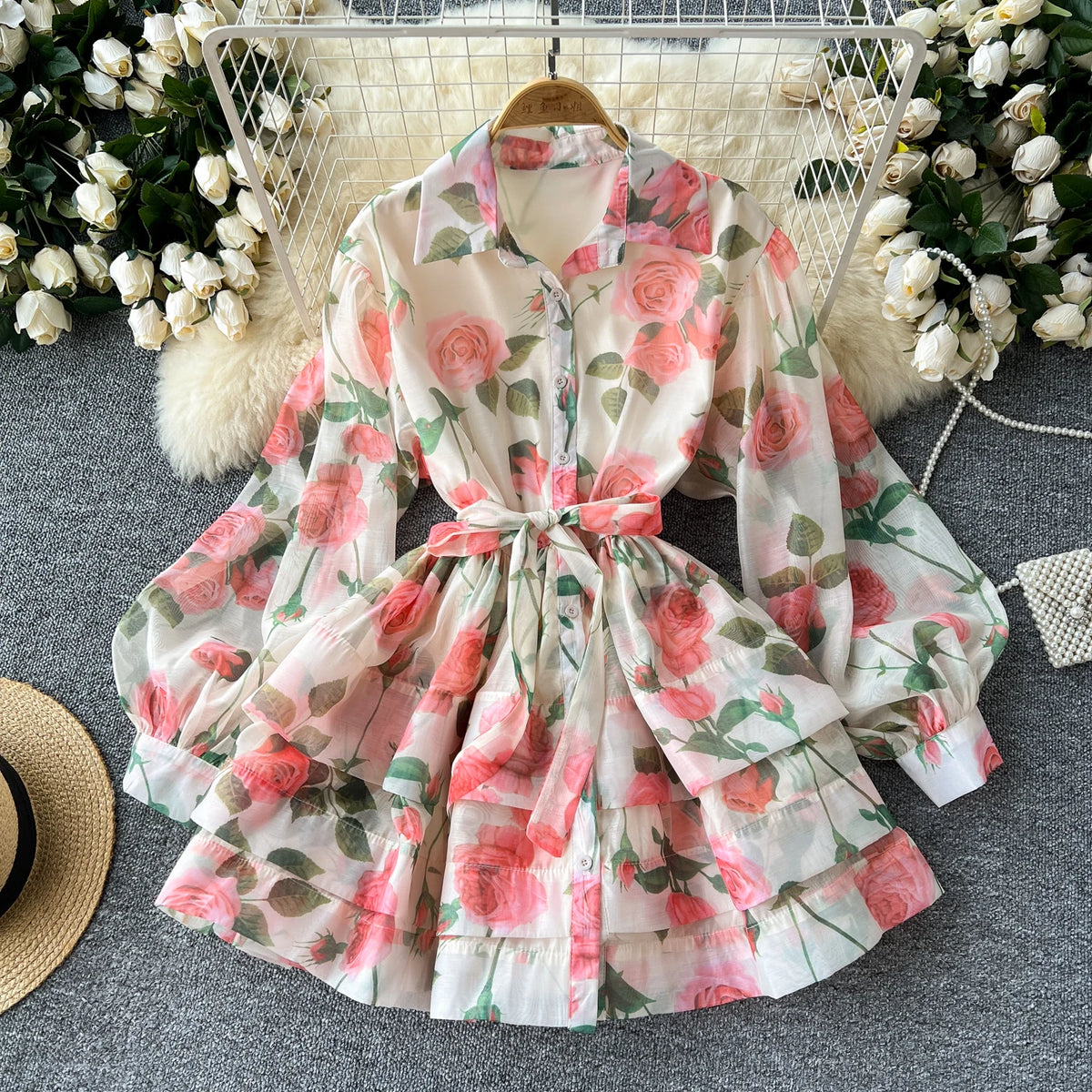 Polo Neck Print Lantern Sleeve A-Line Dress
