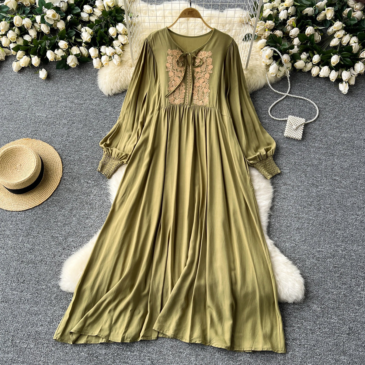 Embroidered Lace-Up Lantern Sleeve A-Line Dress