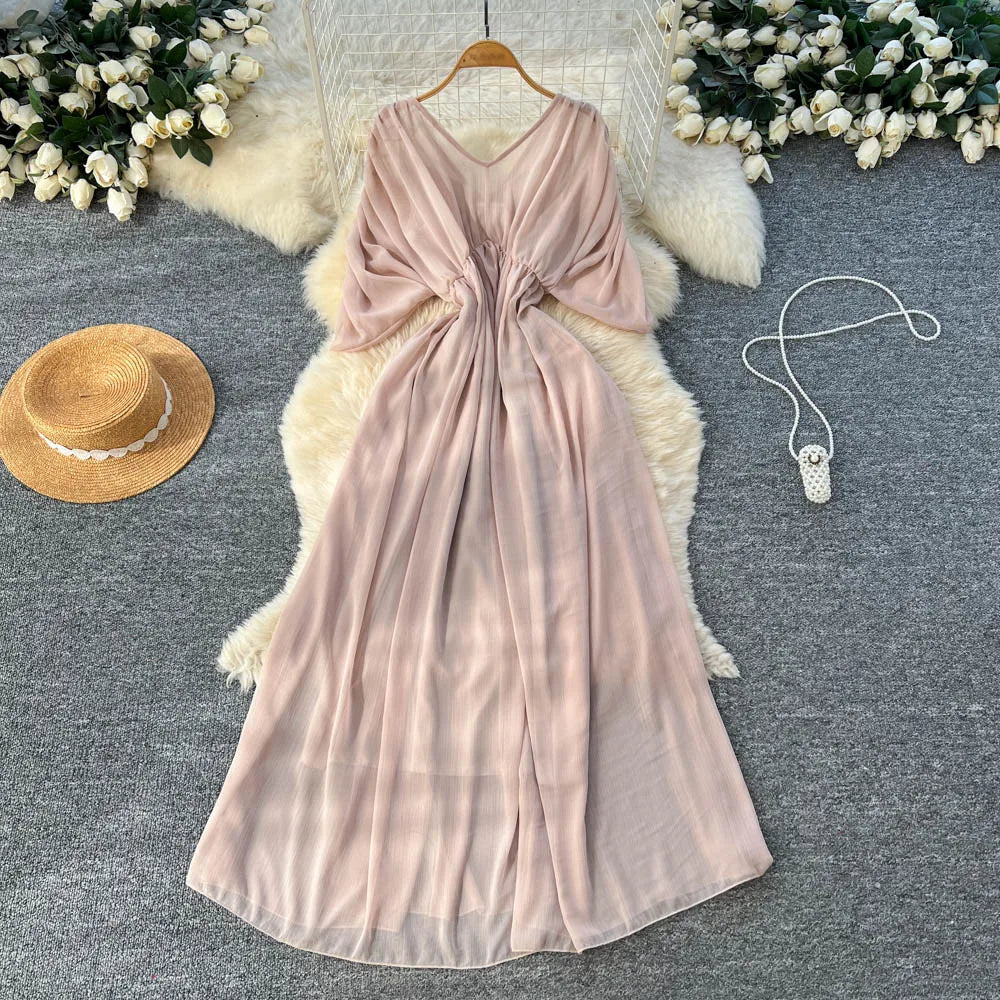 Solid Ruched Chiffon V-Neck Boho Dress