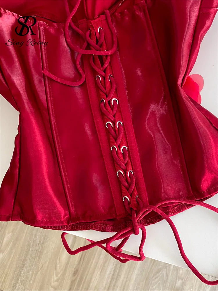 Red Satin 3D Floral Corset Top