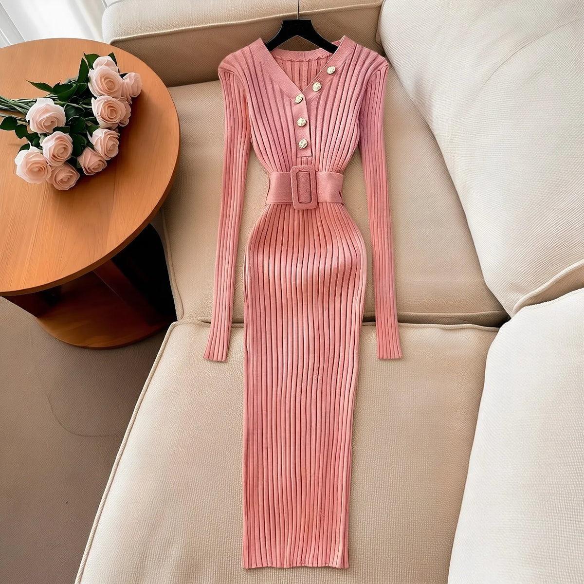 Ribbed V-Neck Knit Maxi Dress