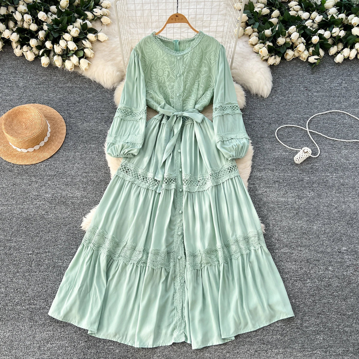 Single Breasted Lace Long Dress