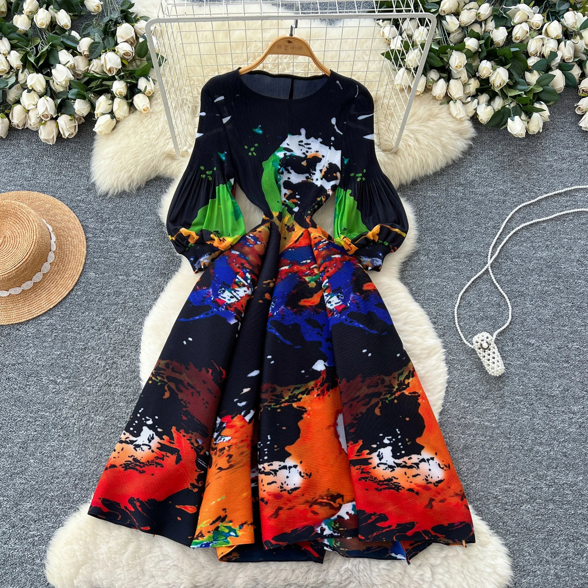 Print Lantern Sleeve High Waist A-Line Dress