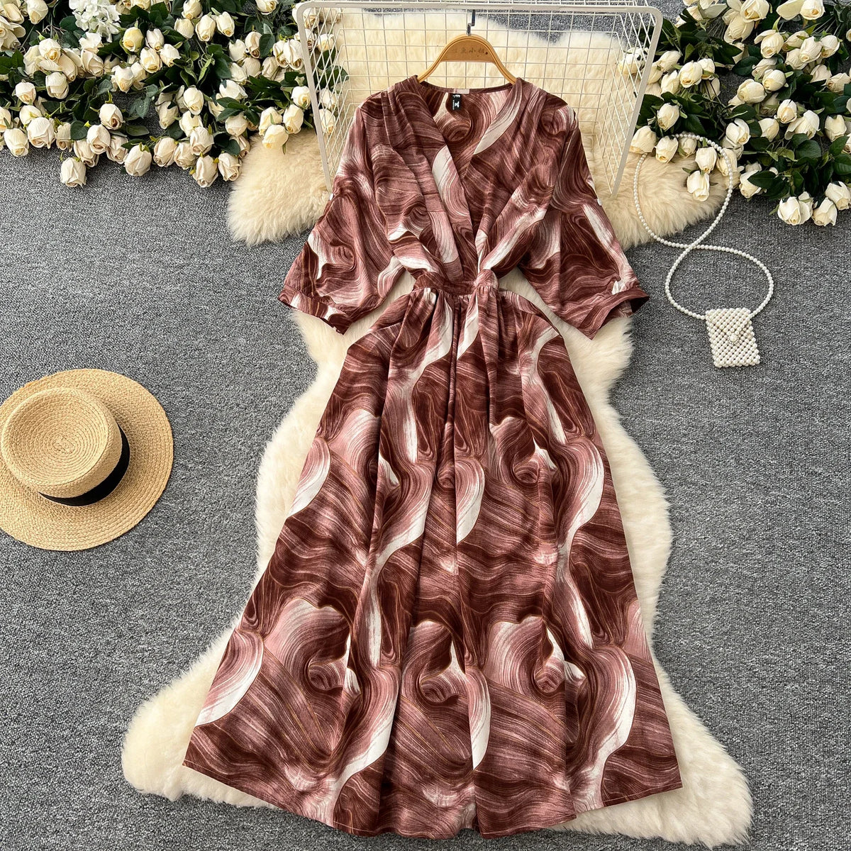 Print Pleated Lace-Up V-Neck Sundress