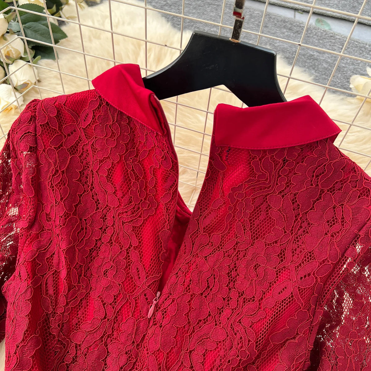 Lace Panel Collared Lantern Sleeve Maxi Dress