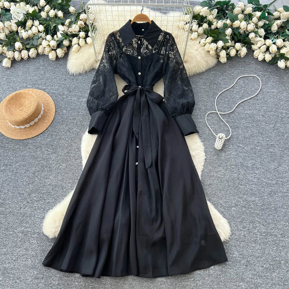 Single Breasted Mesh Long Sleeve Dress