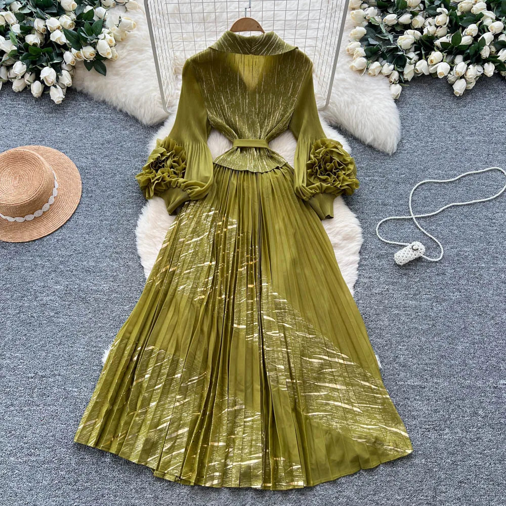 3D Floral Ruched Long Sleeve A-Line Dress