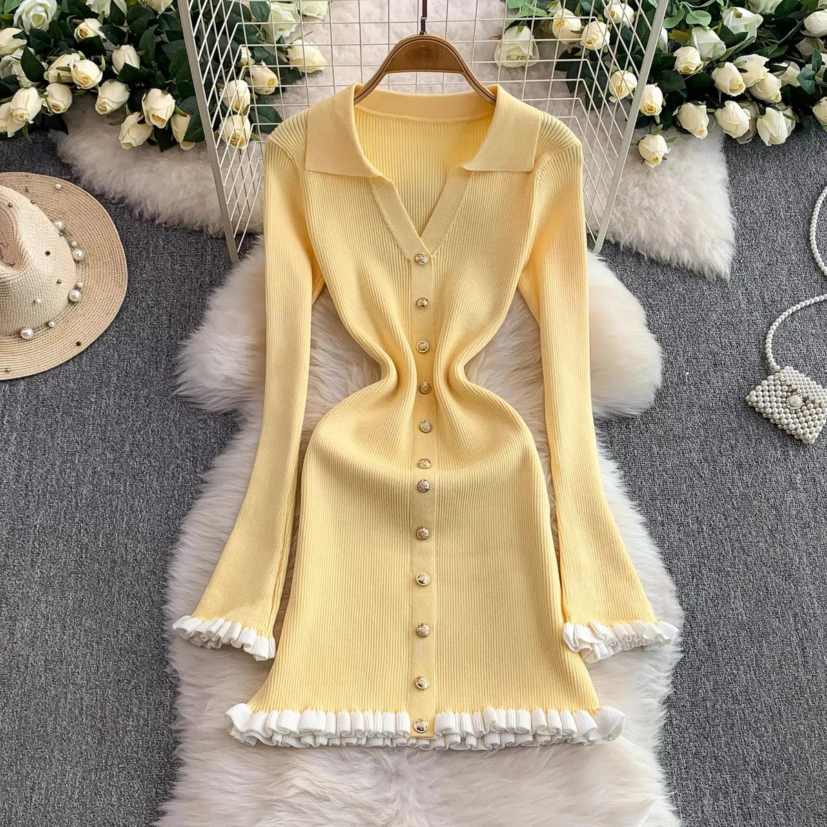 Collared Ruffled Knit Wrap Mini Dress
