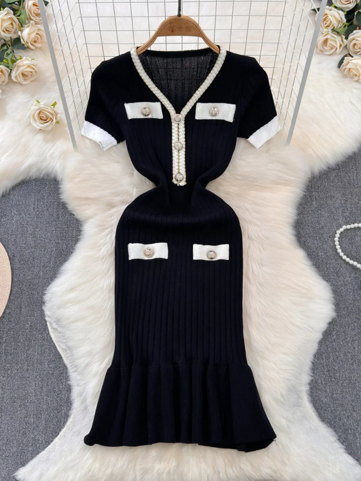 Buckle V-Neck Knit Mermaid Dress