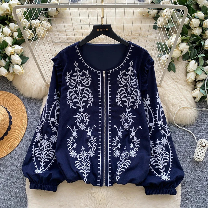 Embroidered Balloon Sleeve Zip Shirt