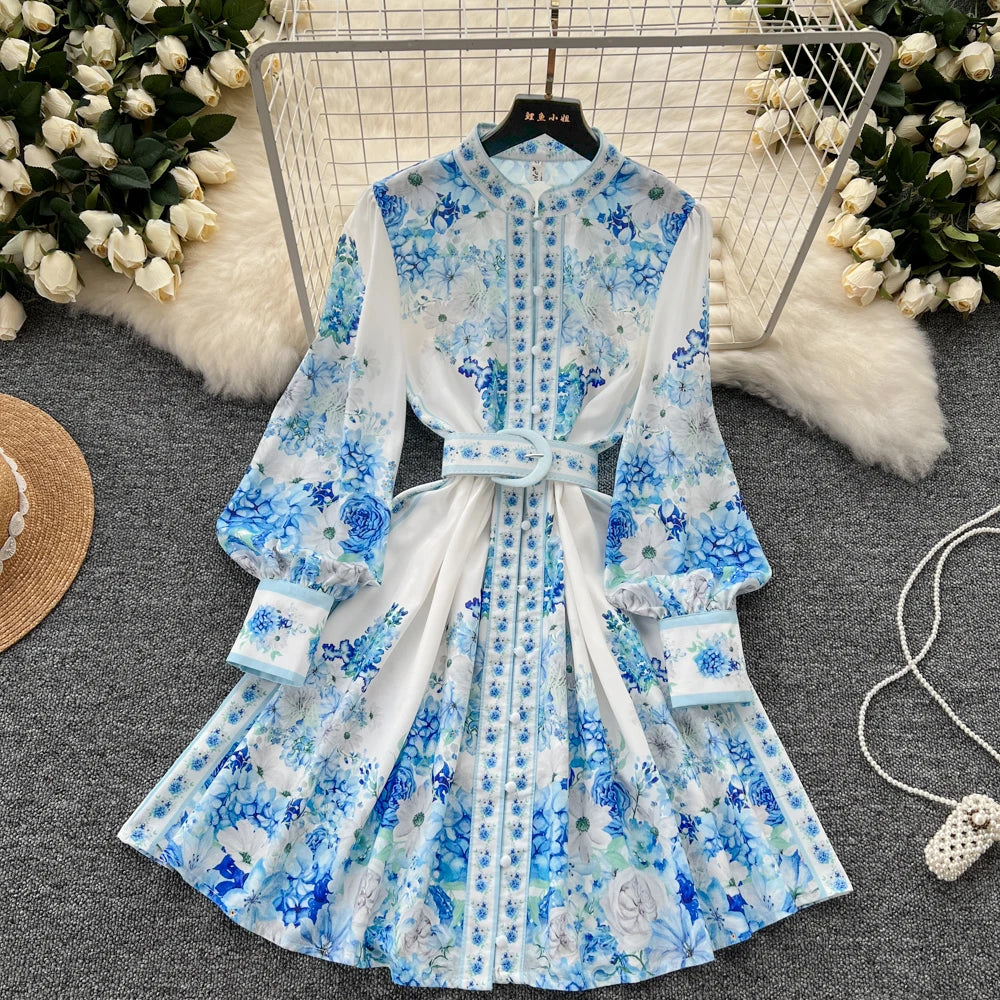 Vintage Print Button Front A-Line Dress