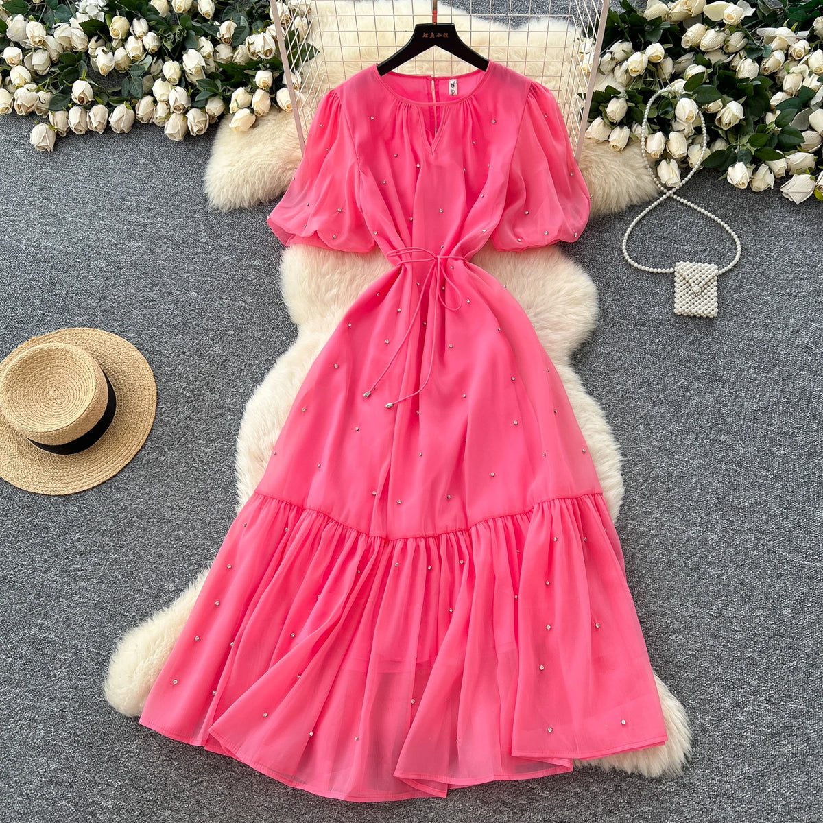 Rhinestone Mesh Lantern Sleeve Long Dress