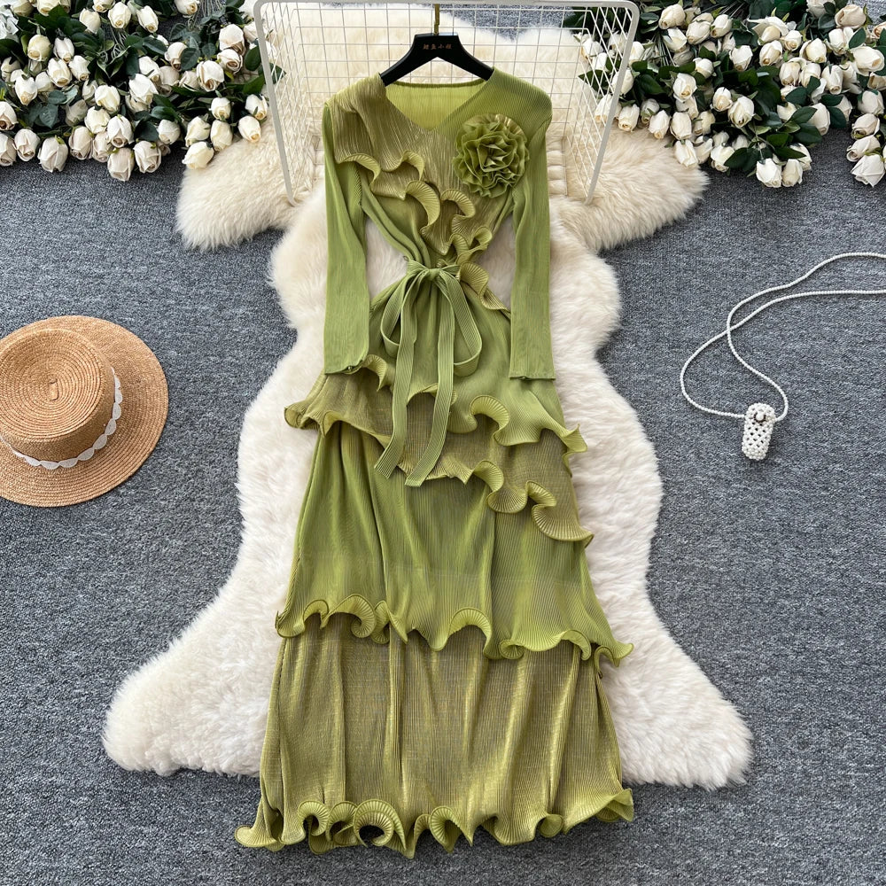 3D Ruffle High Waist Long Sleeve Dress