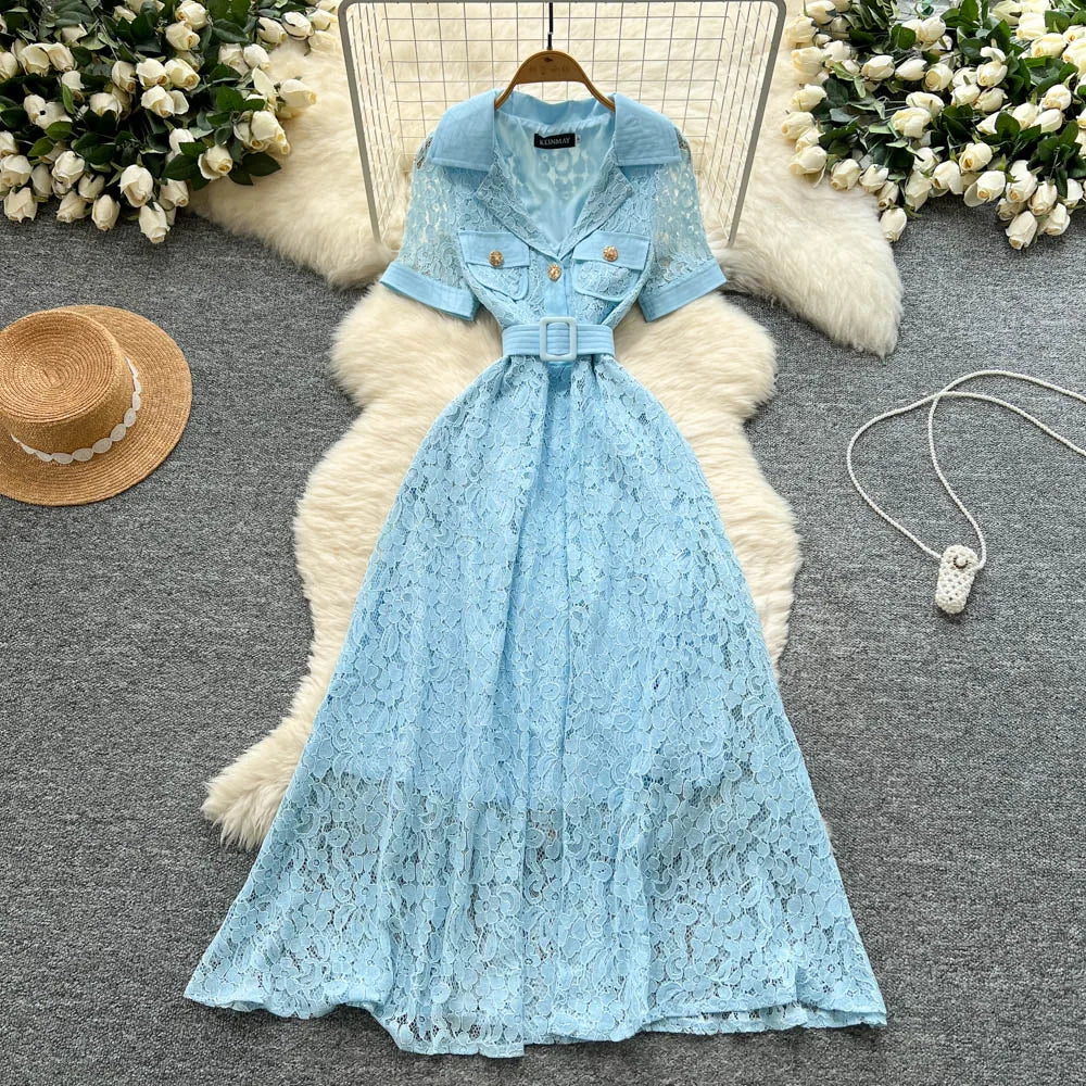 Lace Mesh Short Sleeve Evening Dress