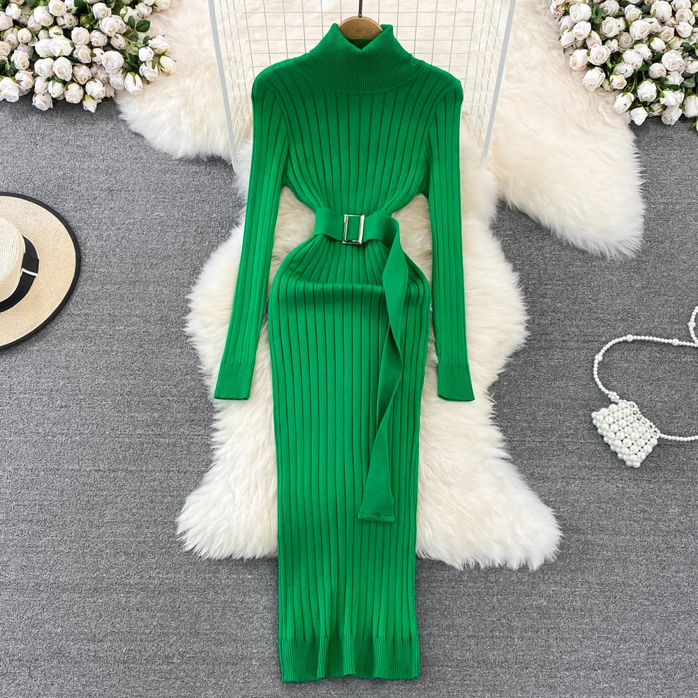 Belted Ribbed Turtleneck Knit Maxi Dress