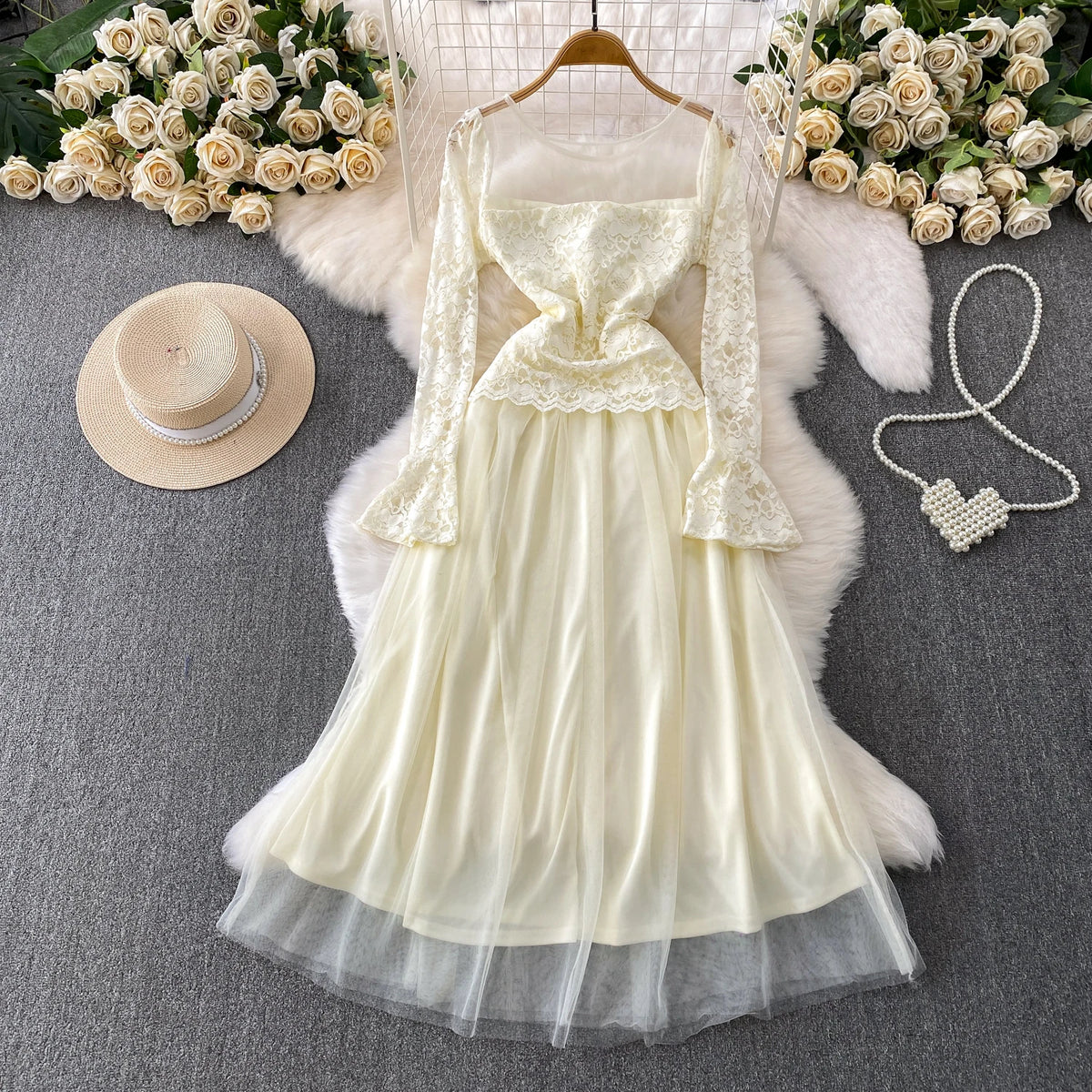 Lace Paneled Long Sleeve A-Line Dress