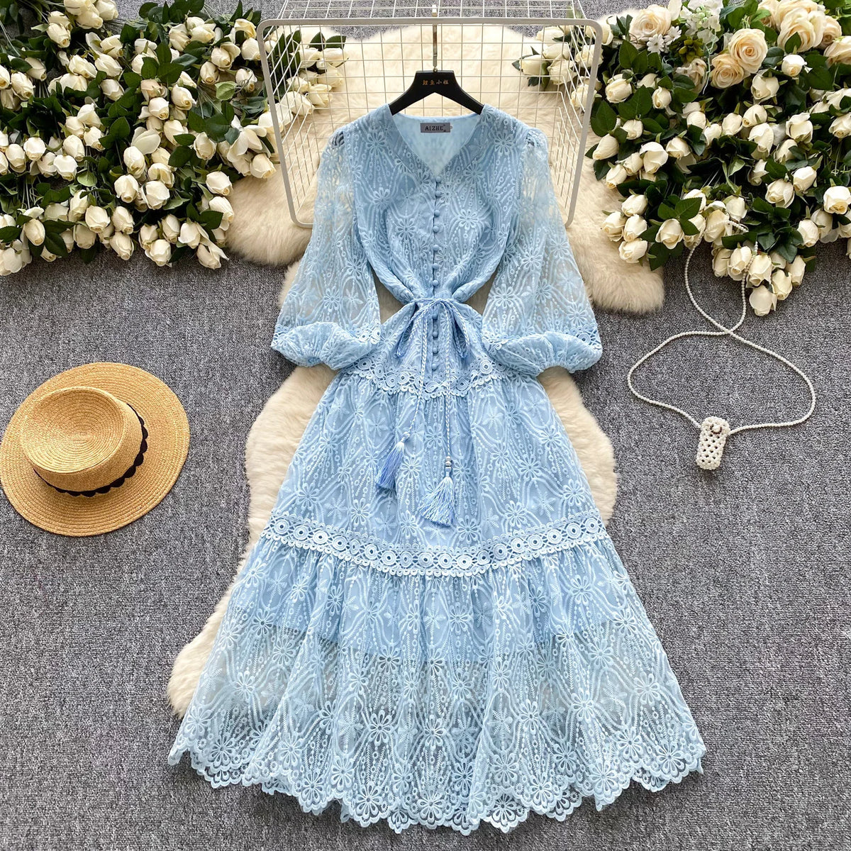 Embroidered Mesh Lace-Up A-Line Dress