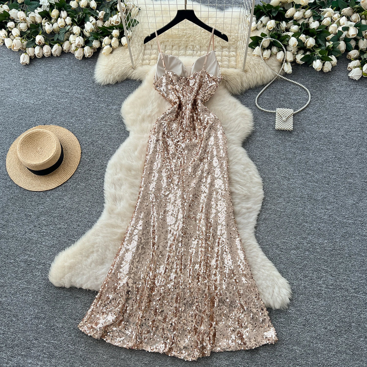 Glitter Backless Split Wrap Dress