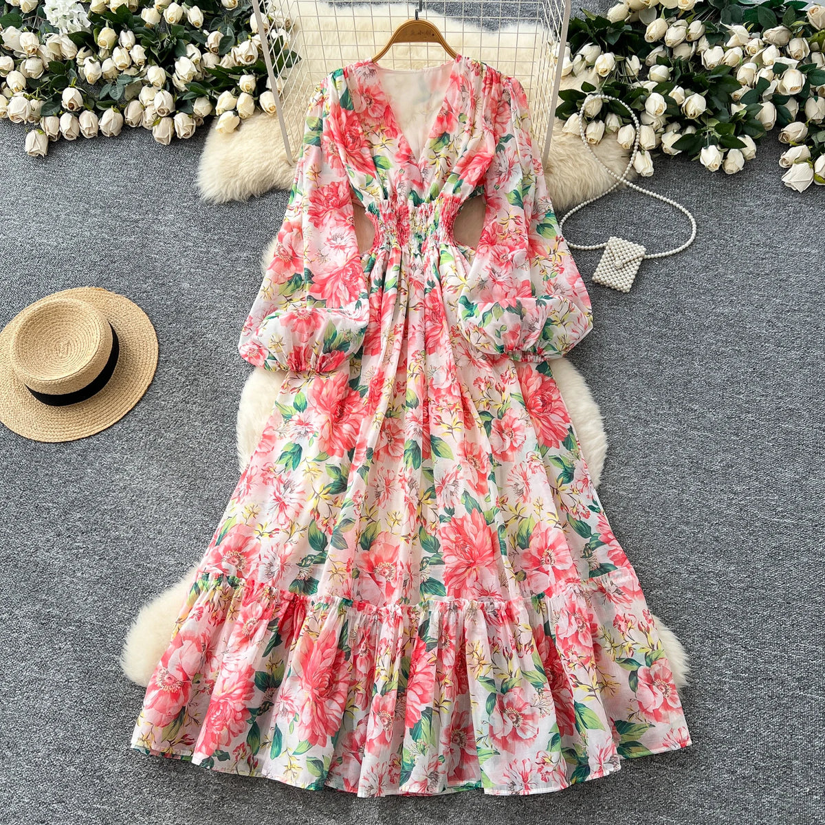 Pleated Print V-Neck Lantern Sleeve Long Dress