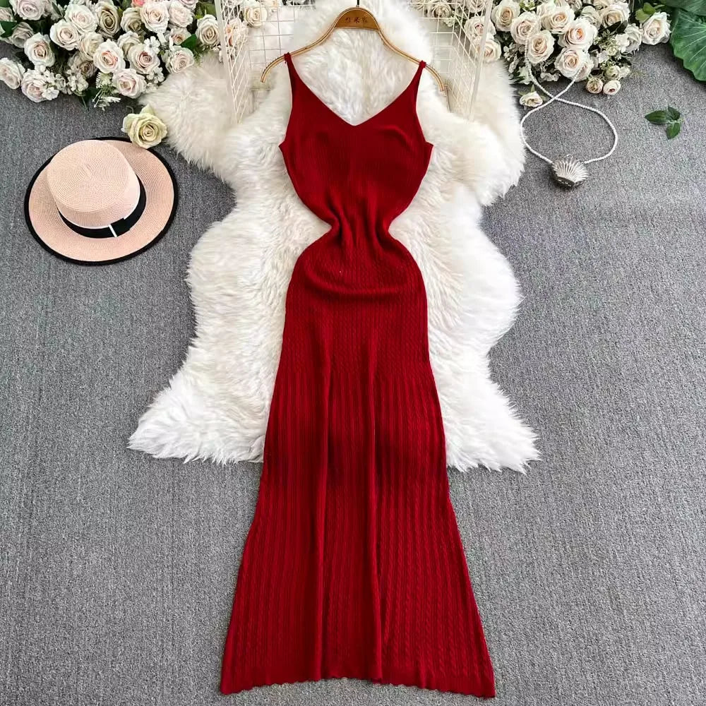 Patchwork Spaghetti Strap Knit Maxi Dress
