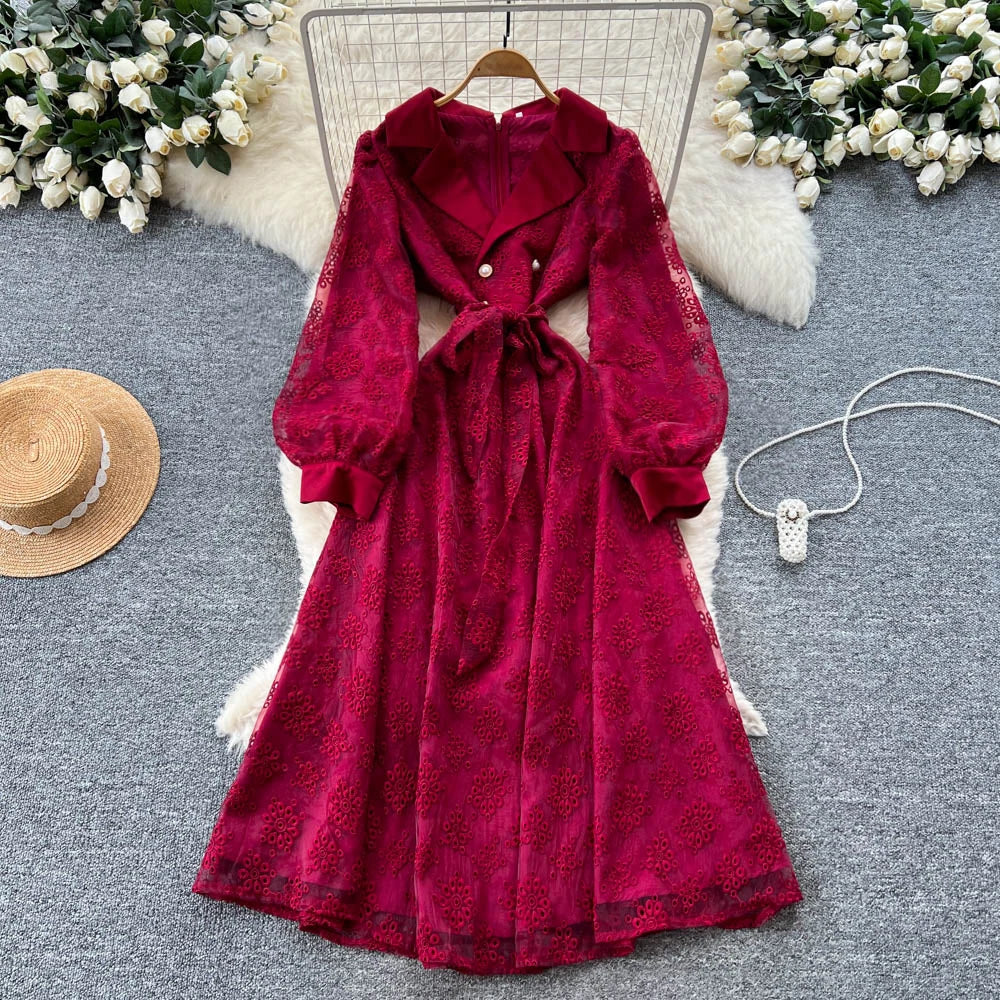 Embroidered Mesh Long Sleeve Dress