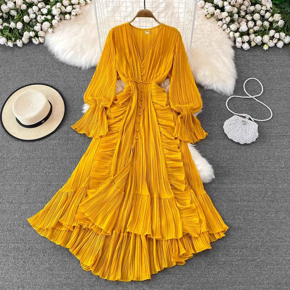 Ruffle V-Neck Long Sleeve A-Line Maxi Dress