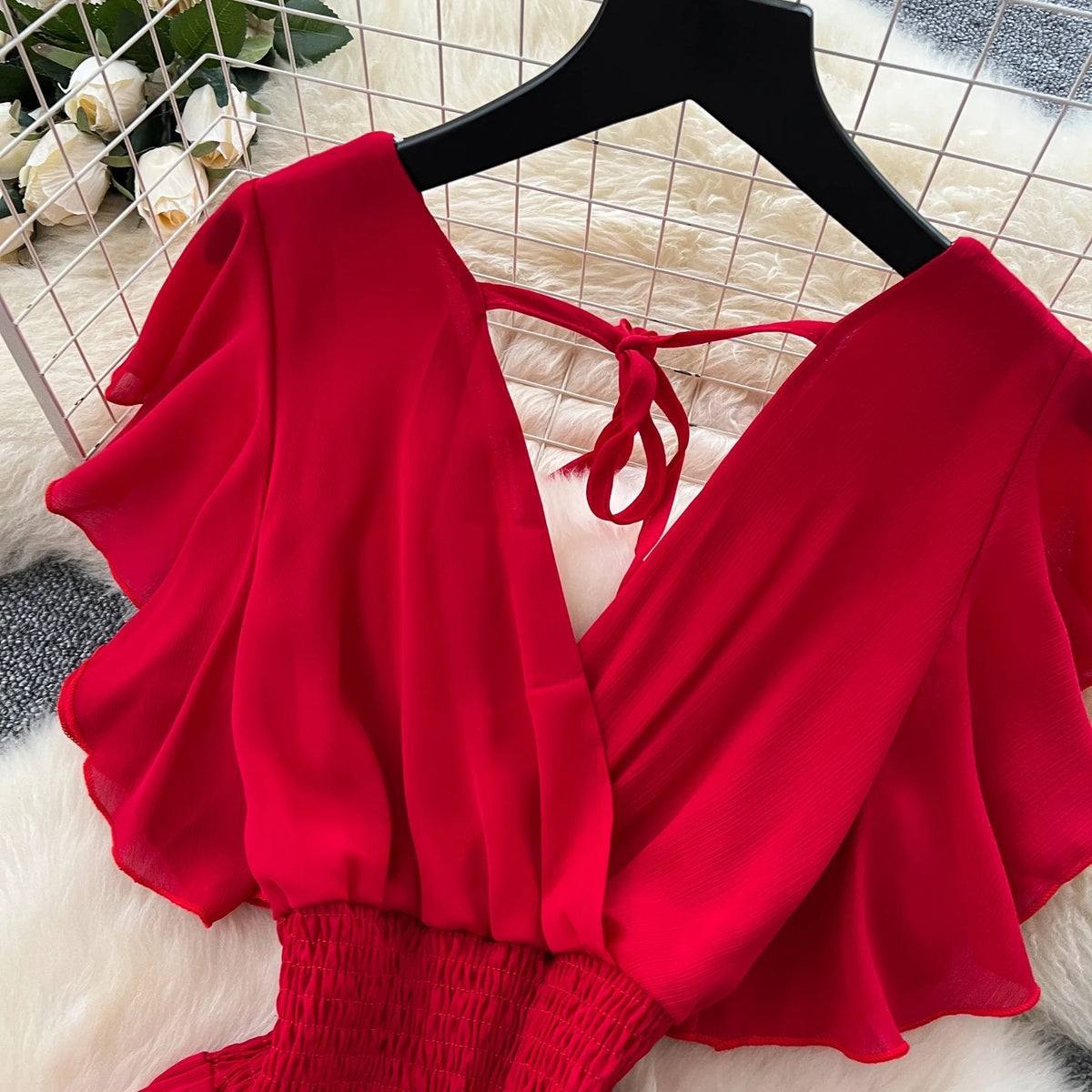Criss-Cross Chiffon Short Sleeve Gown