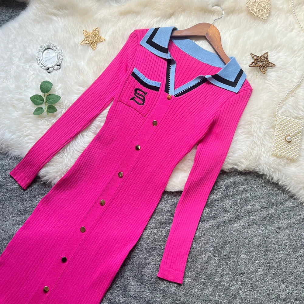 Embroidered Long Sleeve Knit Maxi Sweater Dress