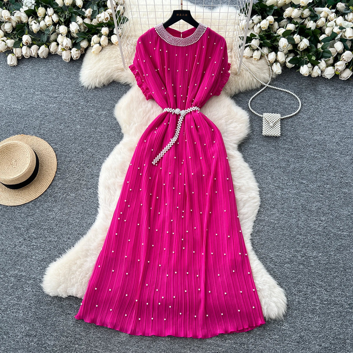 Beaded Chain Short Sleeve Slim Dress