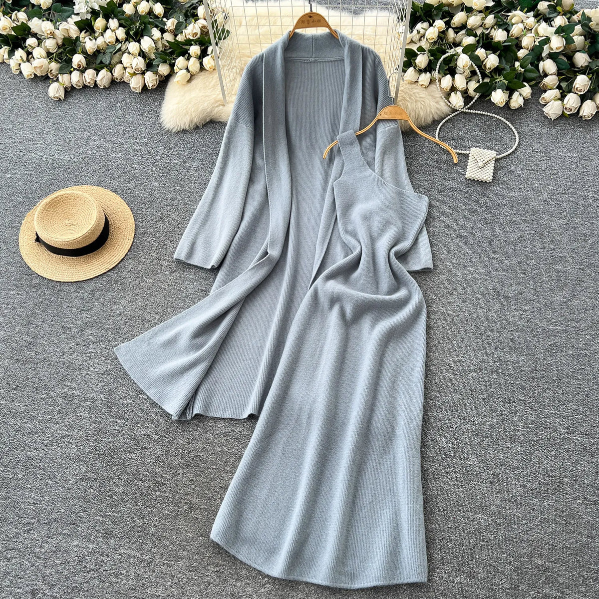 Knit One-Shoulder Cami Dress and Cardigan Set