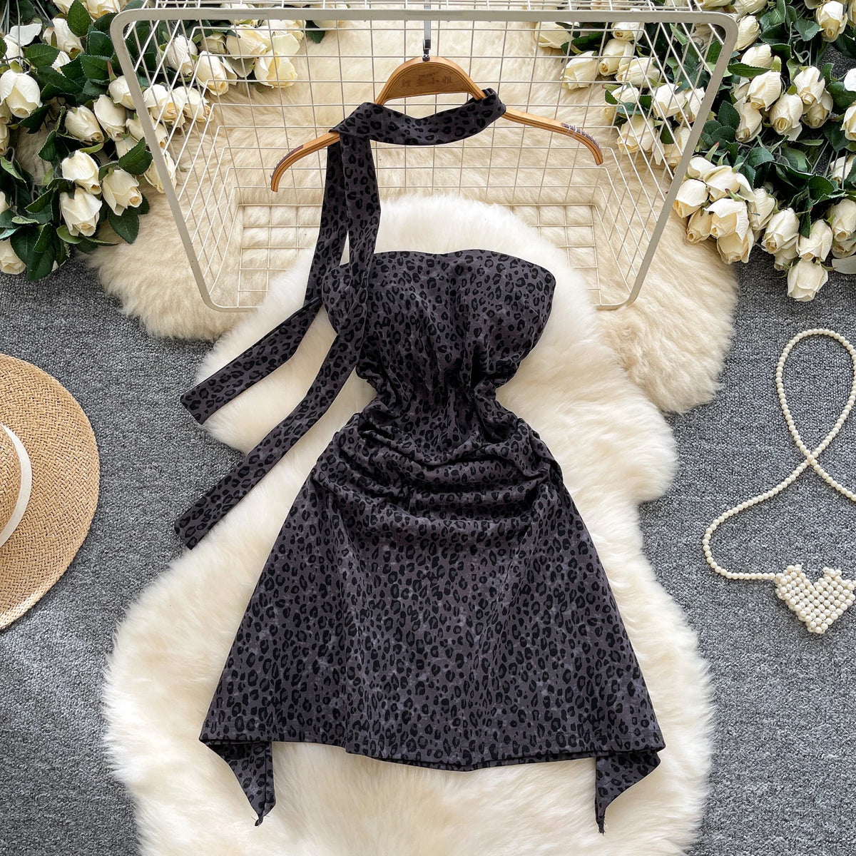 Leopard Halter Asymmetric Party Dress