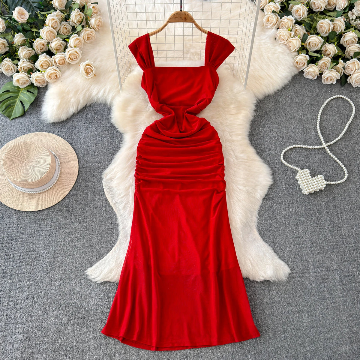 Pleated Mesh A-Line Slip Dress