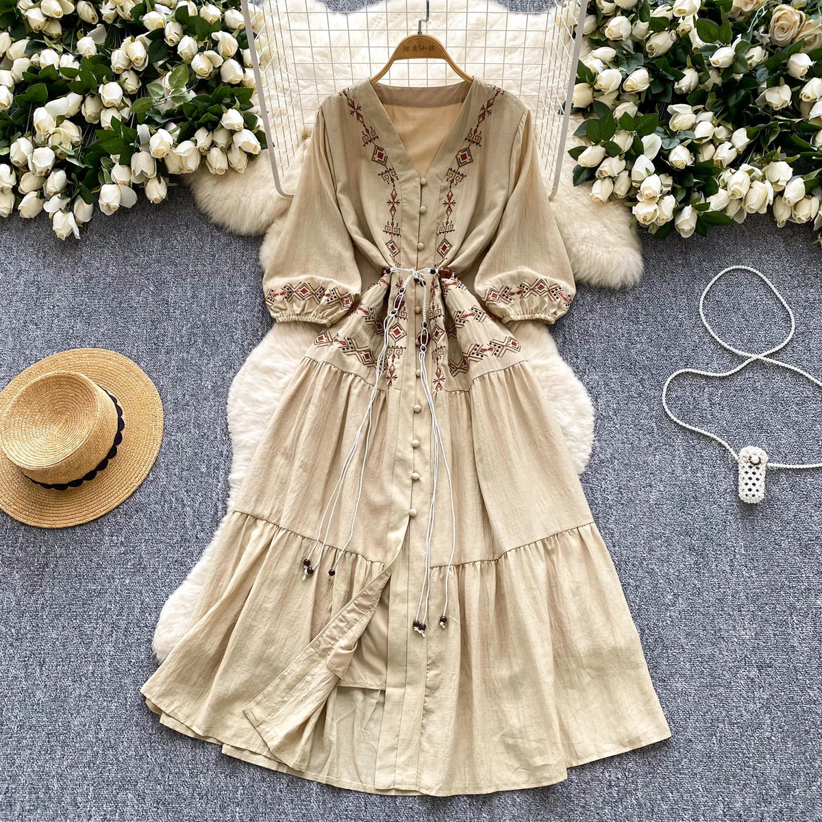 Print Button Front V-Neck Beach Dress