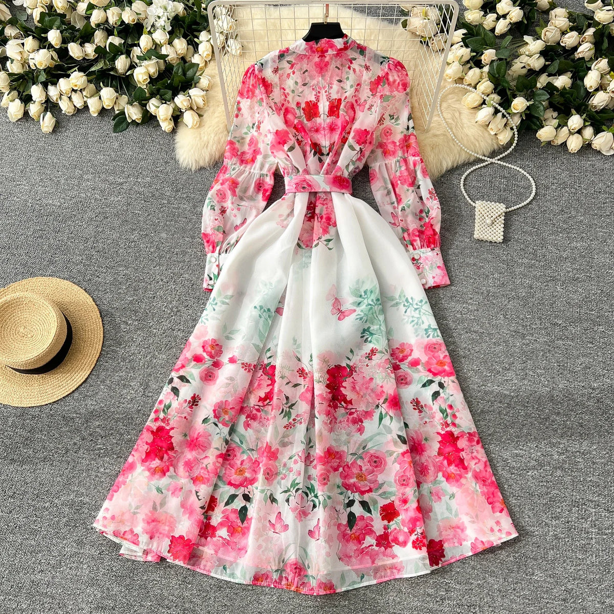 Print Sash V-Neck Lantern Sleeve Long Dress