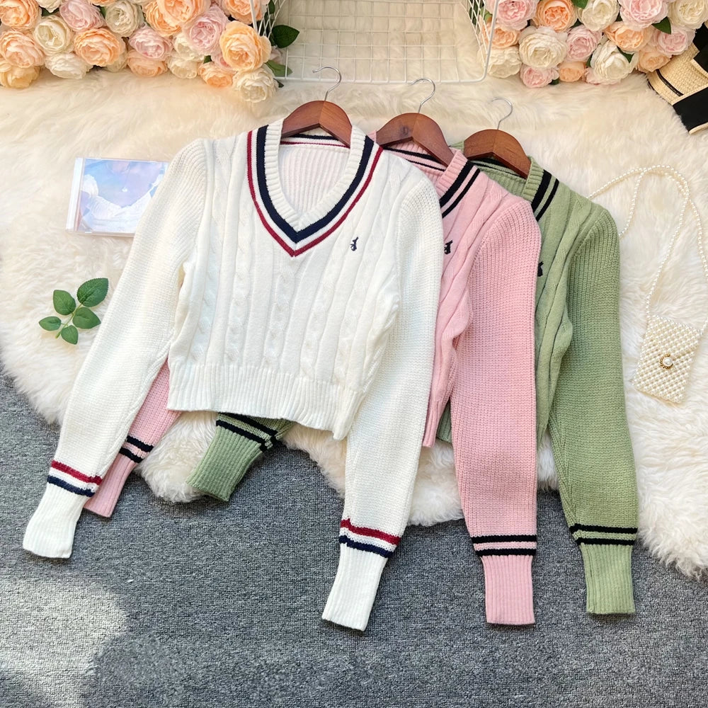 Embroidered Long Sleeve Knit Pullover Sweater