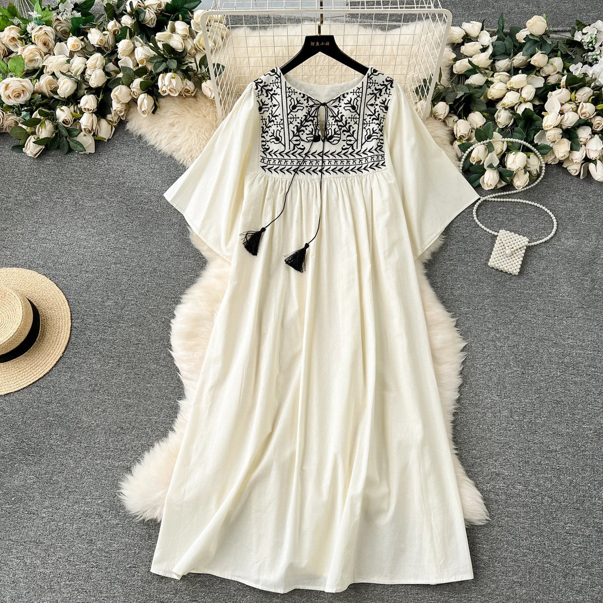 Embroidered Tassel Short Sleeve Dress